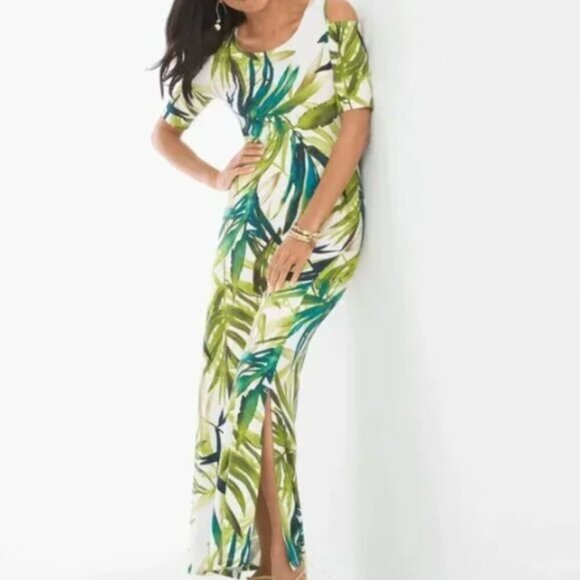 Chico's Tropical Cold Shoulder Maxi Dress Side Slit Chicos Sz 1 (M/8) #330J - Picture 1 of 9
